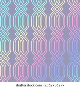 Vector seamless pattern with intricate geometric lines and neon gradient colors on a dark background. Ideal for modern design, wallpapers, textiles, and digital art