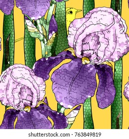 Vector seamless pattern with iris and bird 