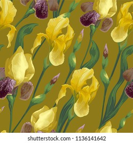 
Vector seamless pattern. Iris flowers on a green background.