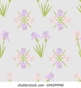 Vector seamless pattern with iris flowers, buds and leaves on gray background. For decoration of textiles, packaging.
