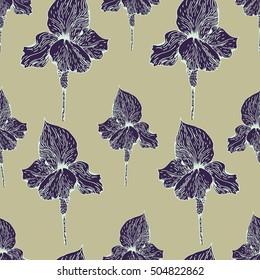 Vector seamless pattern with iris. Vintage style. Hand drawn illustration.