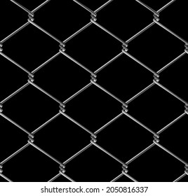 Vector Seamless Pattern Of Iron Chain Link Mesh Chicken Wire Fence Protection On Black Background.