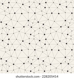 Vector seamless pattern. Irregular abstract linear grid with circles in nodes. Graphial hand drawn background. Reticulated monochrome texture