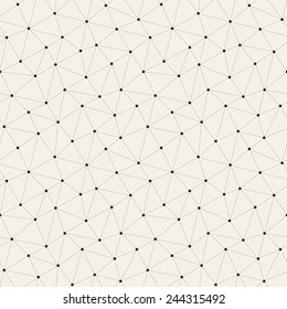 Vector seamless pattern. Irregular abstract linear grid with circles in nodes. Graphical hand drawn background. Reticulated monochrome texture