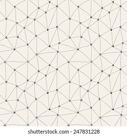 Vector seamless pattern. Irregular abstract linear triangles with circles in nodes. Graphic hand drawn background. Doodle monochrome texture. Repeating monochrome sketch