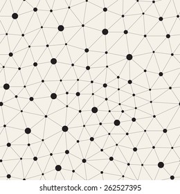 Vector seamless pattern. Irregular abstract linear grid with circles in nodes. Graphical hand drawn background. Reticulated monochrome texture. Hipster modern print. Contemporary graphic design