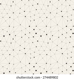 Vector seamless pattern. Irregular abstract linear grid with circles in nodes. Trendy hand drawn background. Reticulated monochrome texture. Hipster triangular trellis. Modern graphic design.