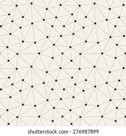 Vector seamless pattern. Irregular abstract linear grid with circles in nodes. Graphical hand drawn background. Reticulated monochrome texture. Trendy hipster graphic design.