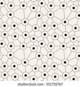 Vector seamless pattern. Irregular abstract linear grid with circles in nodes. Graphial hipster background. Reticulated monochrome texture.