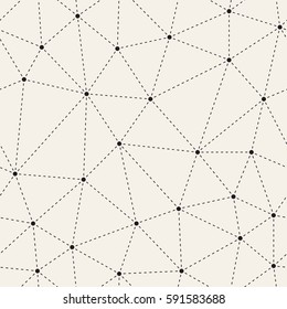 Vector seamless pattern. Irregular abstract triangular grid. Graphic hand drawn background. Reticulated monochrome texture. Trendy hipster graphic design. Thin dotted lines and circles in nodes.