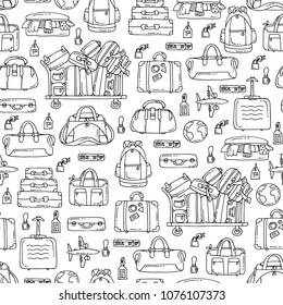 Vector seamless pattern with isolated baggage on white color. Pattern on the theme of travel and tourism. Background for use in design
