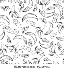 Vector seamless pattern of isolated banana. hand drawn colored exotic fruits.  Engraved art. Use for restaurant, menu, smoothie bowl, market, store, party decoration, meal