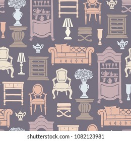 Vector seamless pattern with isolated, color, classic furniture on gray color. Pattern on the theme of interior and home decor. Background for use in design
