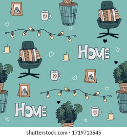 Vector seamless pattern with isolated, color pattern on the theme of interior and home decor. Background for use in design.