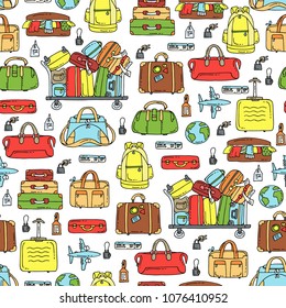 Vector seamless pattern with isolated colored baggage. Pattern on the theme of travel and tourism. Background for use in design
