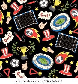 Vector seamless pattern with isolated colored soccer symbols on black color. Pattern on the theme of football. Background for use in design
