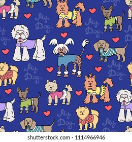 Vector seamless pattern with isolated colored dogs on blue background. Pattern on the theme of pets
