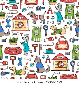 Vector seamless pattern with isolated colored hand drawn products for dogs on white color. Pattern on the theme of pet shop. Background for use in design