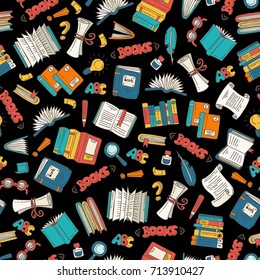 Vector seamless pattern with isolated colored hand drawn books on black color. Pattern on the theme of education. Background for use in design