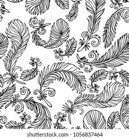 Vector seamless pattern with isolated, decorative, hand drawn feathers on white color. Background for use in design
