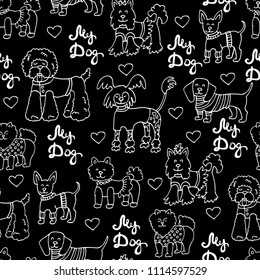 Vector seamless pattern with isolated dogs on black color. Pattern on the theme of pets
