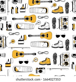 Vector Seamless Pattern With Isolated Elements In Yellow, White, Black Colors. Modern Endless Texture. Forever Young. Boots, Flashlight, Guitar, Sleeping Bag, Compass, Radio, Fishing Rod, Camera