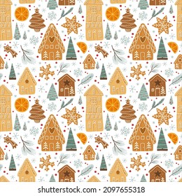Vector seamless pattern, isolated elements on a white background: gingerbread cookies, Christmas trees, snowflakes, branches, orange slices, New Year's mood, gingerbread houses and figurines