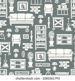 Vector seamless pattern with isolated furniture on gray color. Pattern on the theme of loft interior and home decor. Background for use in design
