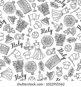 Vector seamless pattern with isolated hand drawn national symbols of Italy on white color. Background for use in design

