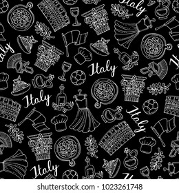 Vector seamless pattern with isolated hand drawn national symbols of Italy on black color. Background for use in design
