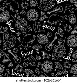 Vector seamless pattern with isolated hand drawn national symbols of Spain on black color. Background for use in design
