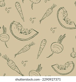 Vector seamless pattern with isolated hand drawn sketch vegetables on beige background. Pattern on the theme of food, proper nutrition.