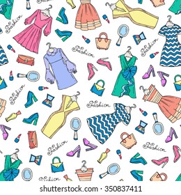 Vector seamless pattern with isolated hand drawn dresses, shoes and accessories for women. Pattern on the theme of fashion and beauty. Background for use in design, packing, textile, fabric