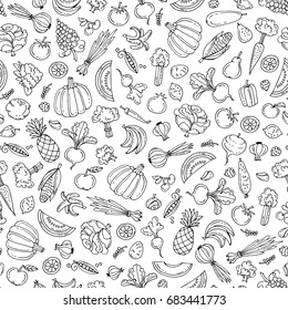 Vector Seamless Pattern With Isolated Hand Drawn Fruits And Vegetables On White Color. Pattern On The Theme Of Food, Proper Nutrition. Background For Use In Design