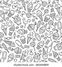 Vector seamless pattern with isolated hand drawn ice cream and candies on white color. Pattern on the theme of food, confectionery. Background for use in design