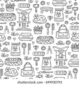 Vector seamless pattern with isolated hand drawn products for cats on white color. Pattern on the theme of pet shop. Background for use in design