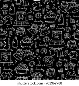 Vector seamless pattern with isolated hand drawn symbols of laundry on black color. Pattern on the theme of cleanliness and washing. Background for use in design