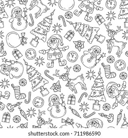 Vector seamless pattern with isolated hand drawn symbols of happy new year on white color. Pattern on the theme of Merry Christmas. Background for use in design