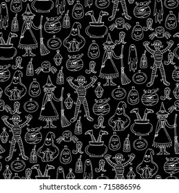 Vector seamless pattern with isolated hand drawn symbols of Halloween on black color. Background for use in design, packing, web site, fabric