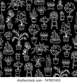 Vector seamless pattern with isolated hand drawn houseplants on black color. Pattern on the theme of house, garden, planting of greenery. Background for use in design