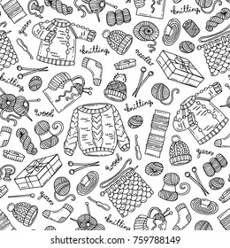 Vector seamless pattern with isolated hand drawn symbols of knitting on white color. Pattern on the theme of needlework, handicrafts. Background for use in design
