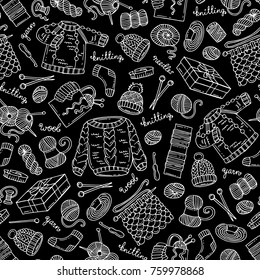 Vector seamless pattern with isolated hand drawn symbols of knitting on black color. Pattern on the theme of needlework, handicrafts. Background for use in design
