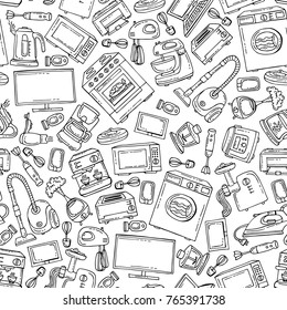 Vector seamless pattern with isolated hand drawn household appliances and electronics on white color. Background for use in design
