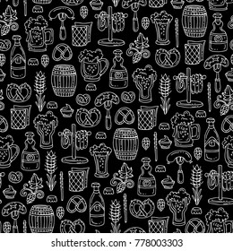 Vector seamless pattern with isolated hand drawn symbols of beer on black color. Pattern on the theme of drinks and food. Background for use in design
