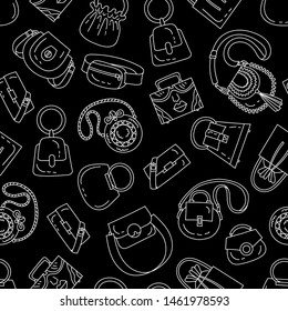 Vector seamless pattern with isolated handbags on black color. Background on the theme of fashion and beauty