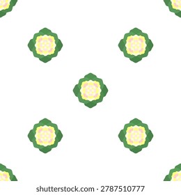 Vector seamless pattern with isolated icon of cauliflowers on white background. Natural vegetables  with light yellow head, green leaves. Ornamental cabbages has simplified shapes
