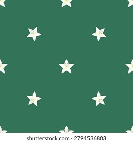 Vector seamless pattern with isolated icons of lily. Beautiful flowers with five white petals. Liliums are designed in flat style. Simplified shapes on green background