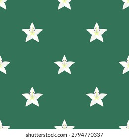 Vector seamless pattern with isolated icons of lily on green background. Beautiful flowers with five white petals. Liliums are designed in flat minimalist style with simplified shapes