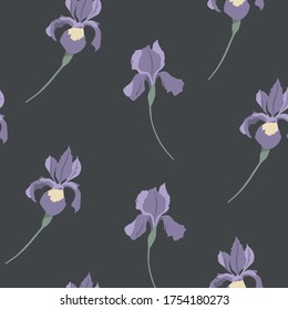 Vector seamless pattern with isolated irises and dark grey background