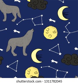 Vector seamless pattern. Isolated objects. Wild animals life. Cartoon style. Wolf, moon, constellations. Great for greeting card, wallpaper, textile, fabric, gift wrap, children room decor.